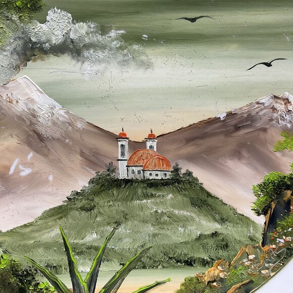 Hand-Painted Landscape Church Mountains Decorative Plate By Riveras 9.75"D - Picture 2 of 4